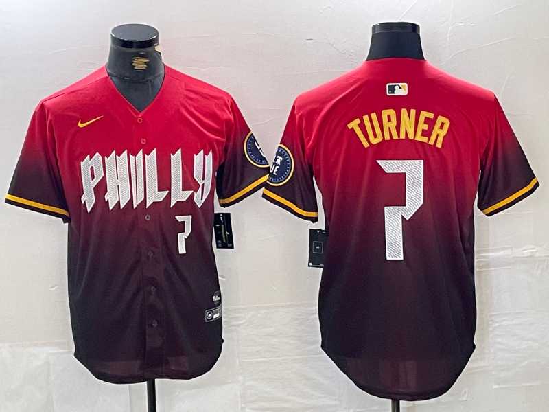 Mens Philadelphia Phillies #7 Trea Turner Red 2024 City Player Number Cool Base Jersey